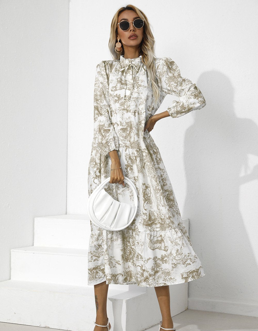 Women Round Neck Loose Fall Long Dresses-STYLEGOING