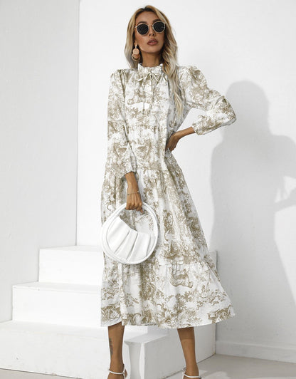 Women Round Neck Loose Fall Long Dresses-STYLEGOING