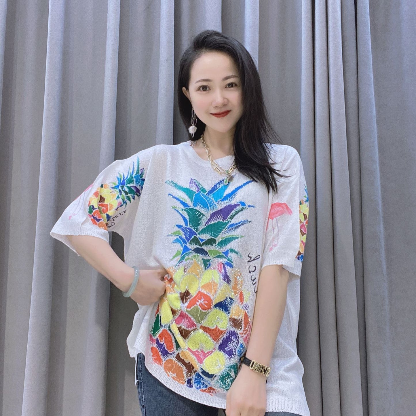 Summer Short Sleeves Diamond Pineapple Designed Knitting T Shirts