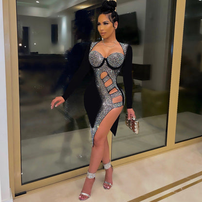 Sexy Long Sleeves Diamond Night Club Dresses-STYLEGOING
