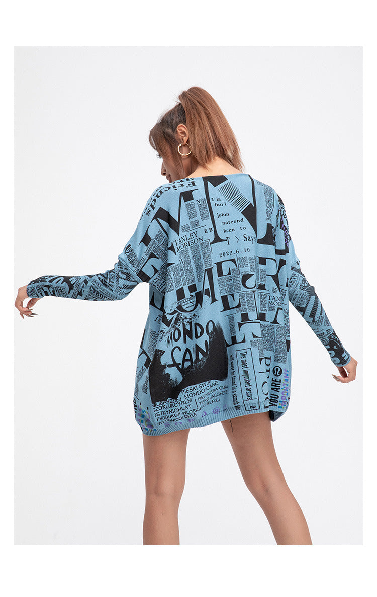 Casual Newspaper Pattern Women Loose Long Sleeves Shirts