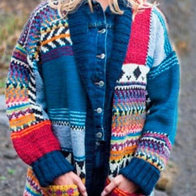 Blue Women Knitting Fall Sweaters with Pocket-STYLEGOING