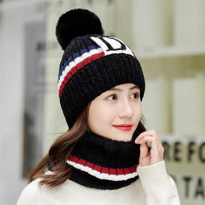 Women Fleeced Lined Knitting Warm Hats+Scarfs-Black-56-60cm-Free Shipping at meselling99