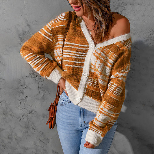 Orange Women Knitting Cardigan Sweaters