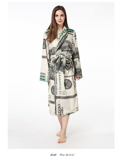 Casual Dollar Print Fleece Warm Sleepwear Night Gown