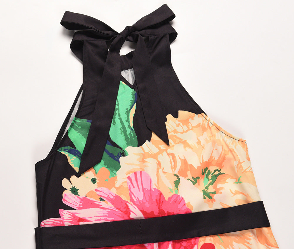 Summer Sleeveless Halter Rose Print Long Maxi Dresses