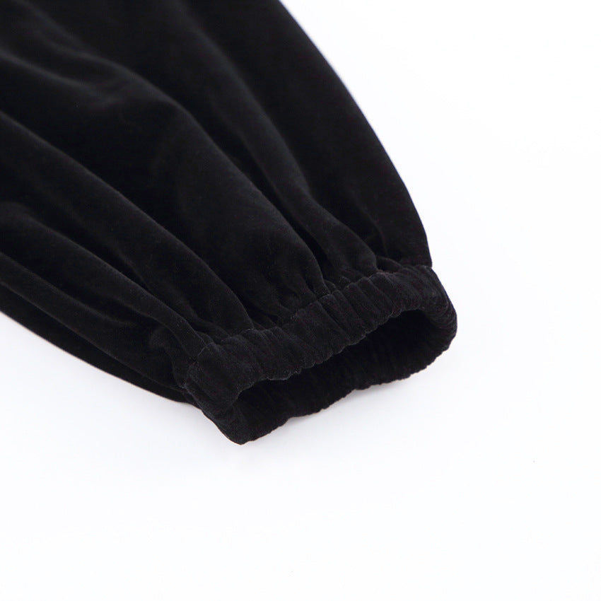 Women Puff Sleeves Black Fall Short Dresses
