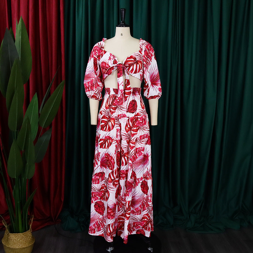 Casual Leaf Print Two Pieces Women Suits