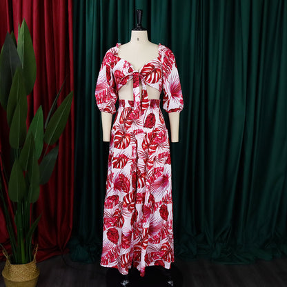 Casual Leaf Print Two Pieces Women Suits