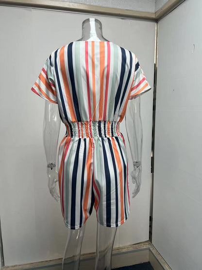 Summer Casual Striped Elastic Waist Romper Jumpsuits