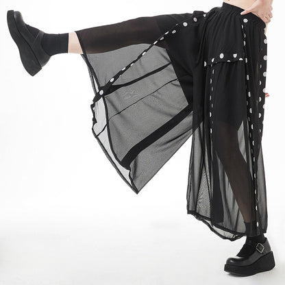 Black Tulle Dot Print High Waist Wide Legs Pants