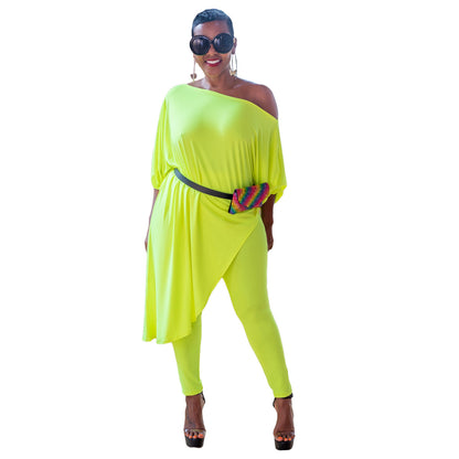 One Shoulder Irregular Bat Sleeves Tops&pants Suits