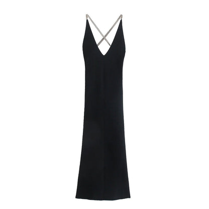 Sexy Black Backless Knitting Crossed Chains Women Dresses