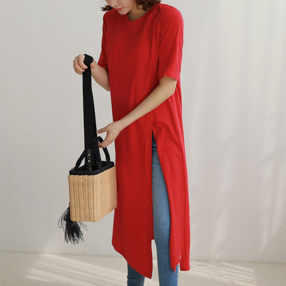 Summer Casual Split Front Short Sleeves Long T Shirts for Women