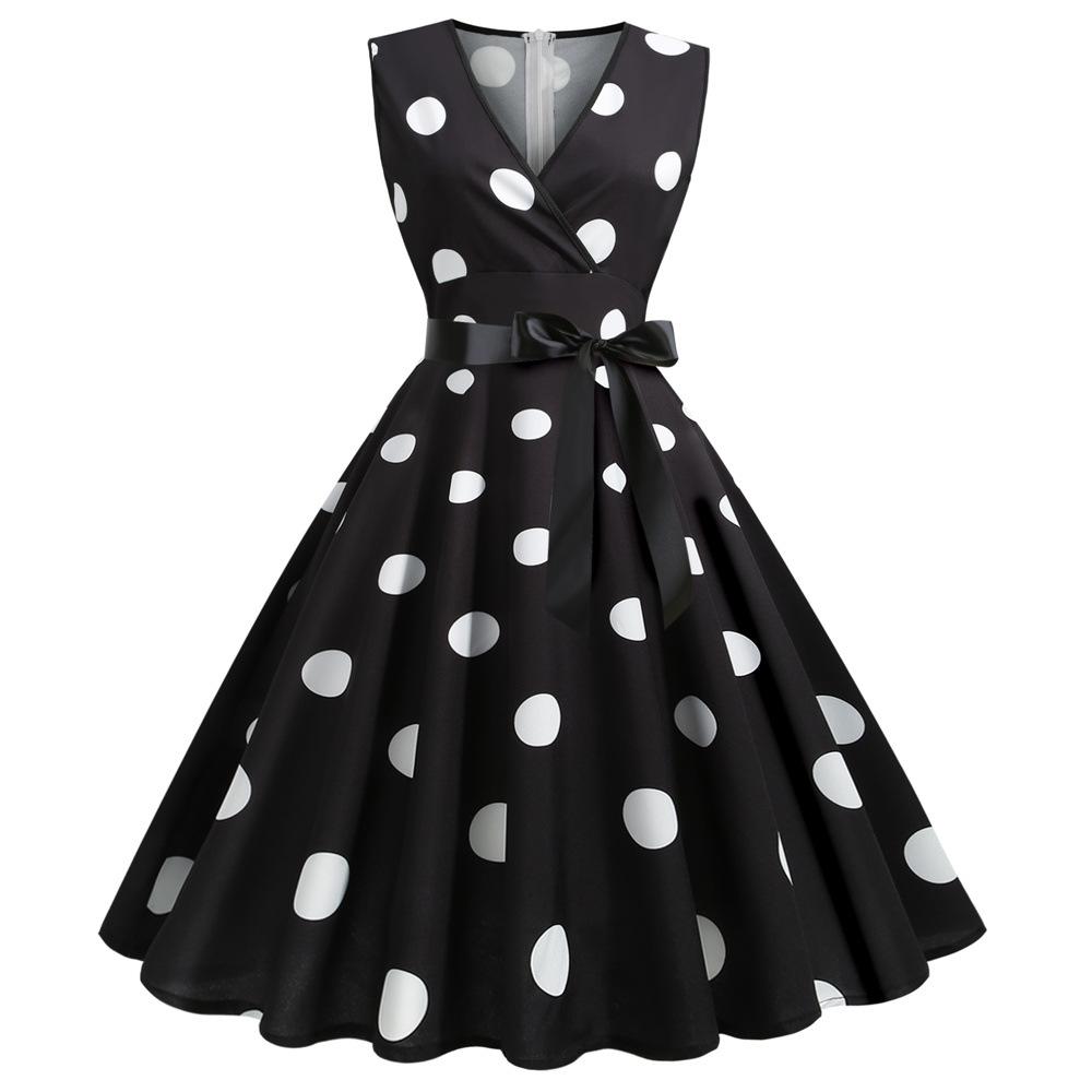 Casaul Sleeveless Dot Print Vintage Dresses-STYLEGOING