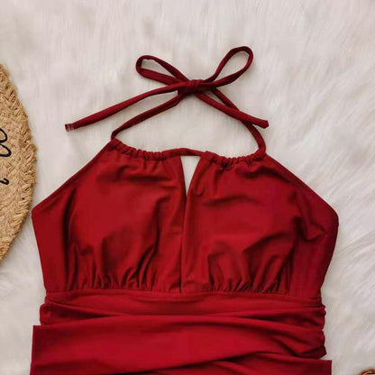 Wine Red Halter Plus Sizes Swimwear-STYLEGOING