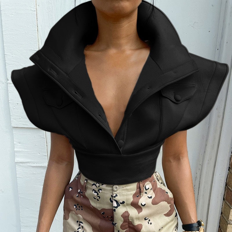 Designed Stand Collar Short Women Top Coat
