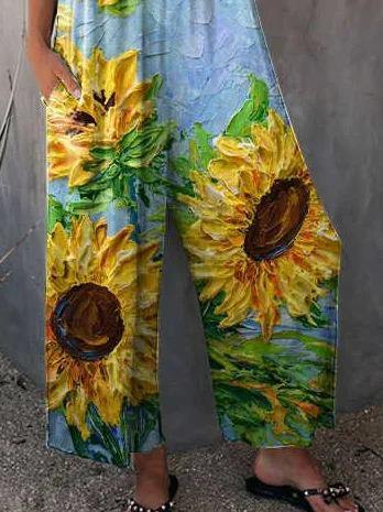 Sunflowers Spaghetti Straps Loose Jumpsuits-STYLEGOING
