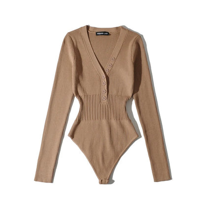 Women Slim Waist Long Sleeves Knitting Basic Romper Shirts