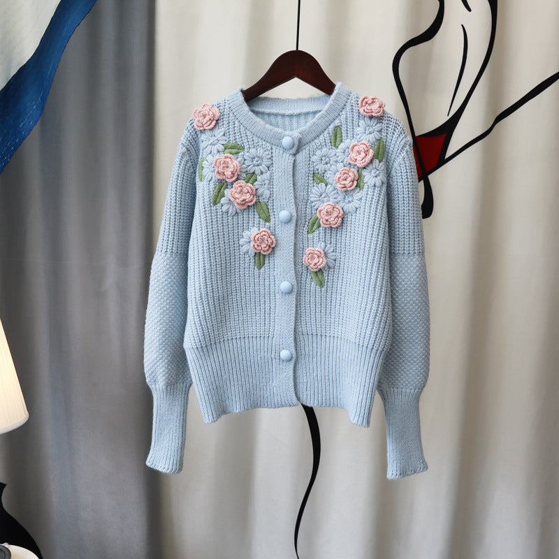 3D Knitting Rose Design Sweetly Knitted Overcoats
