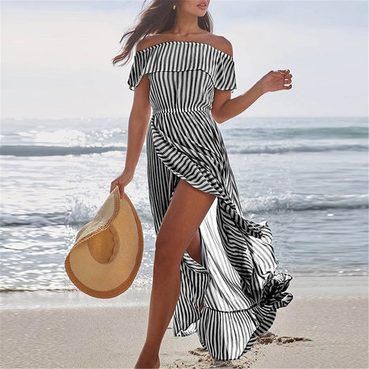 Off The Shoudler Striped Irregular Long Dresses-STYLEGOING