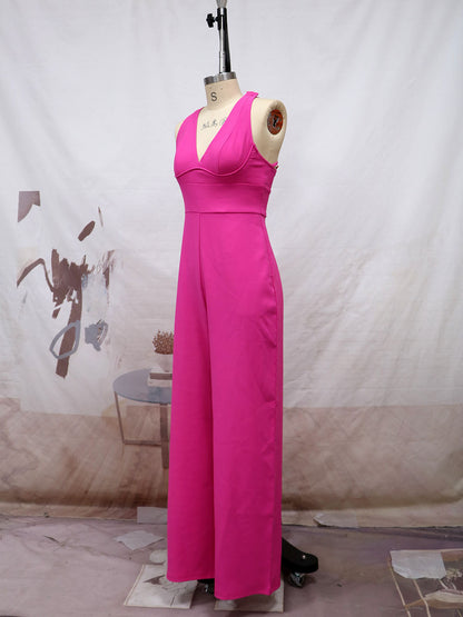 Sexy Shoulder Straps Rose Red Wide Legs Jumpsuits
