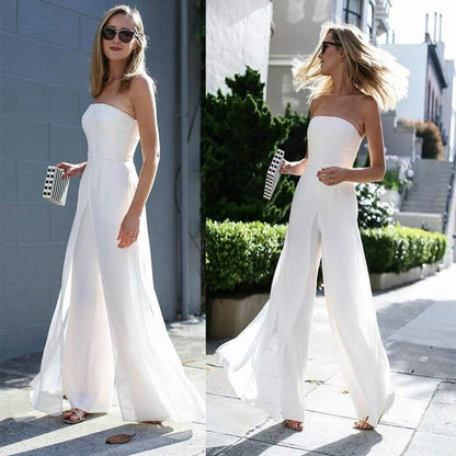 White Women Strapless Chiffon Jumpsuits-STYLEGOING