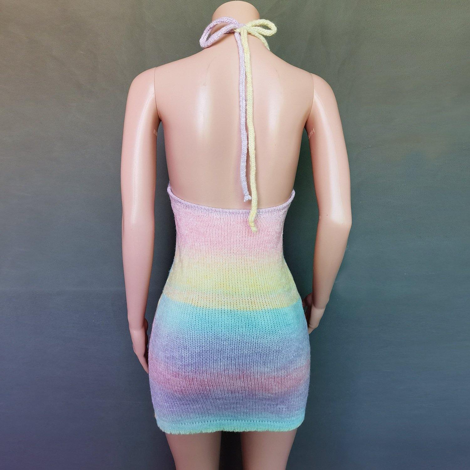 Sexy Deep V-neck Rainbow Knitting Dresses-STYLEGOING