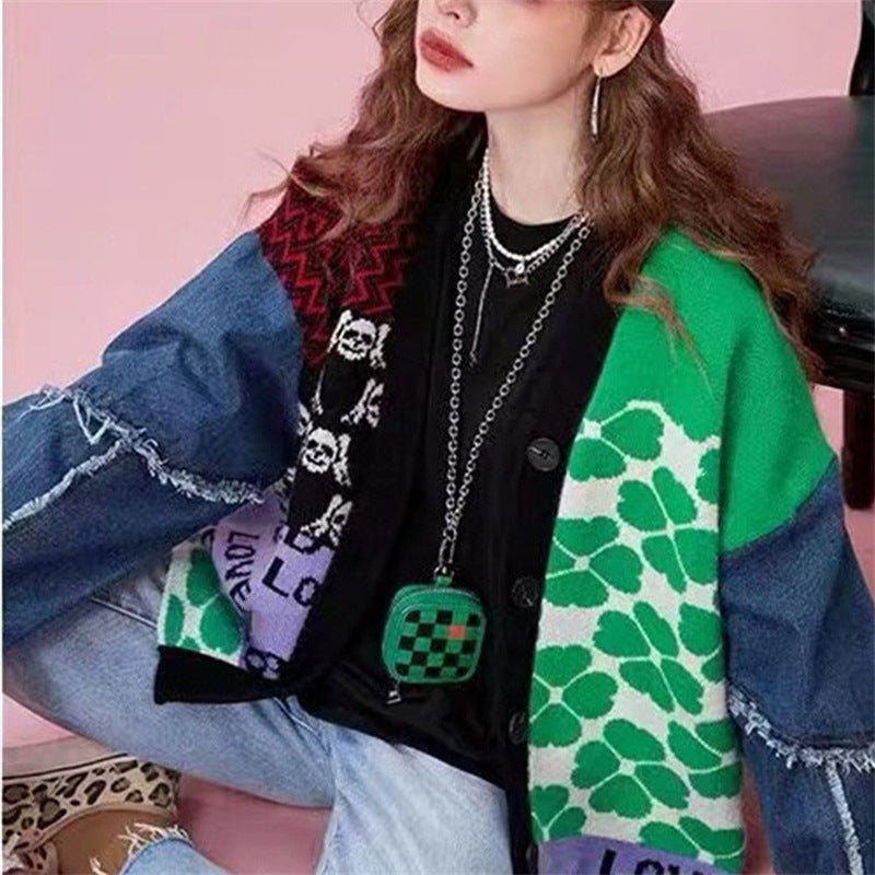 Contrast Colors Designed Women Knitting Sweater Cardigans