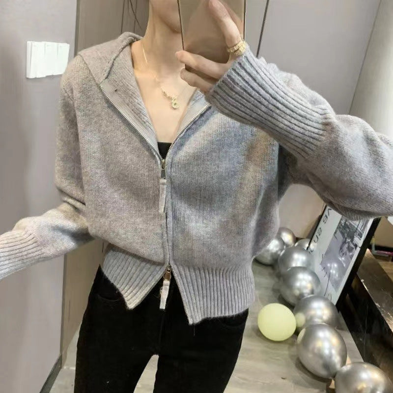 Casual Double Zippered Short Knitting Hoodies Sweaters
