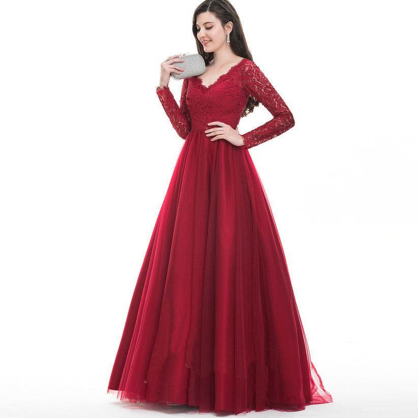 Elegant Long Sleeves Red Lace Evening Dresses