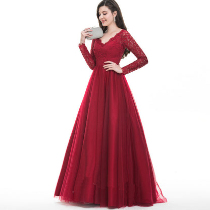 Elegant Long Sleeves Red Lace Evening Dresses