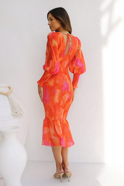 Orange V Neck Long Sleeves Dresses for Women