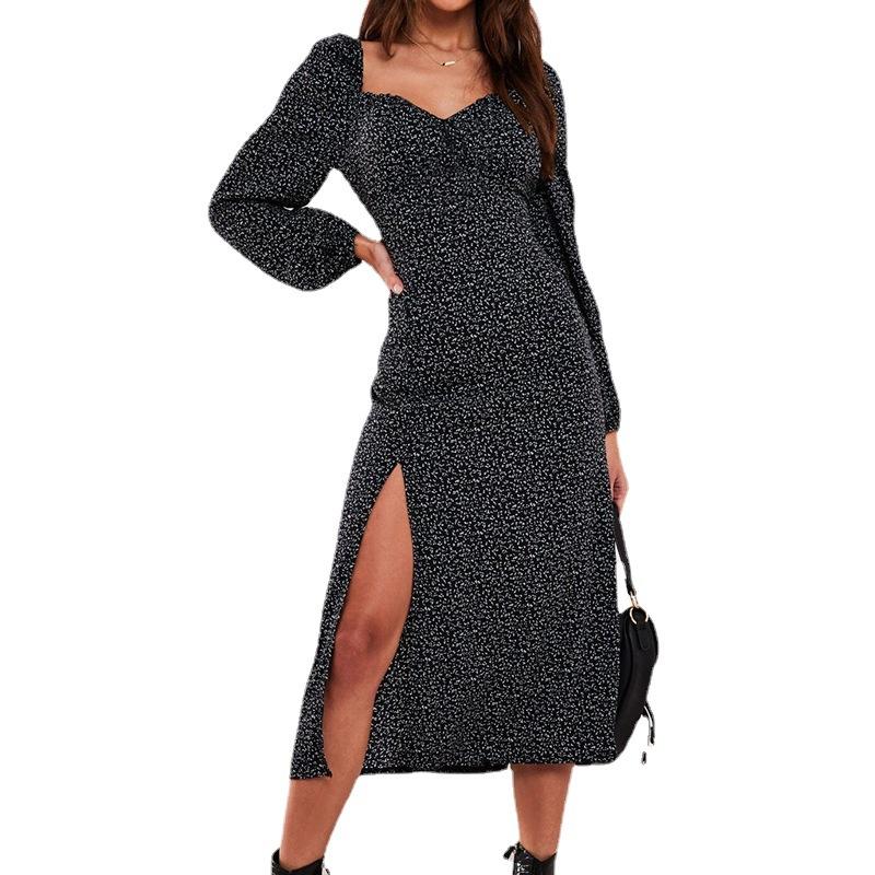 Women Square Neckline Fashon Split Fall Dresses-STYLEGOING