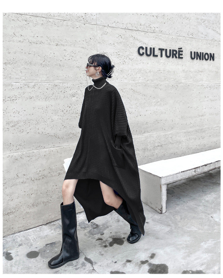 Women High Neck High Low Designed Knitted Long Cozy Dresses