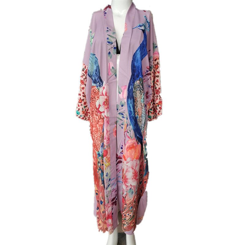 Peacock Print Kimono Beachwear Cover Ups