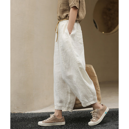 Casual Linen Elastic Waist Cropped Trousers for Women