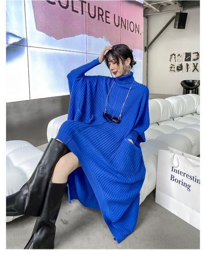 Women High Neck High Low Designed Knitted Long Cozy Dresses