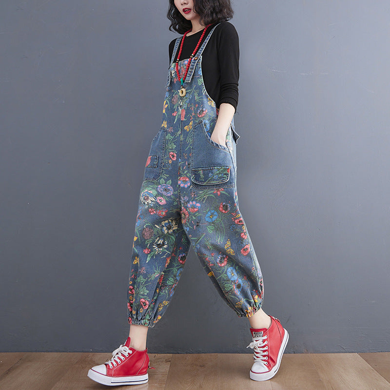 Casual Floral Print Women Denim Suspender Pants