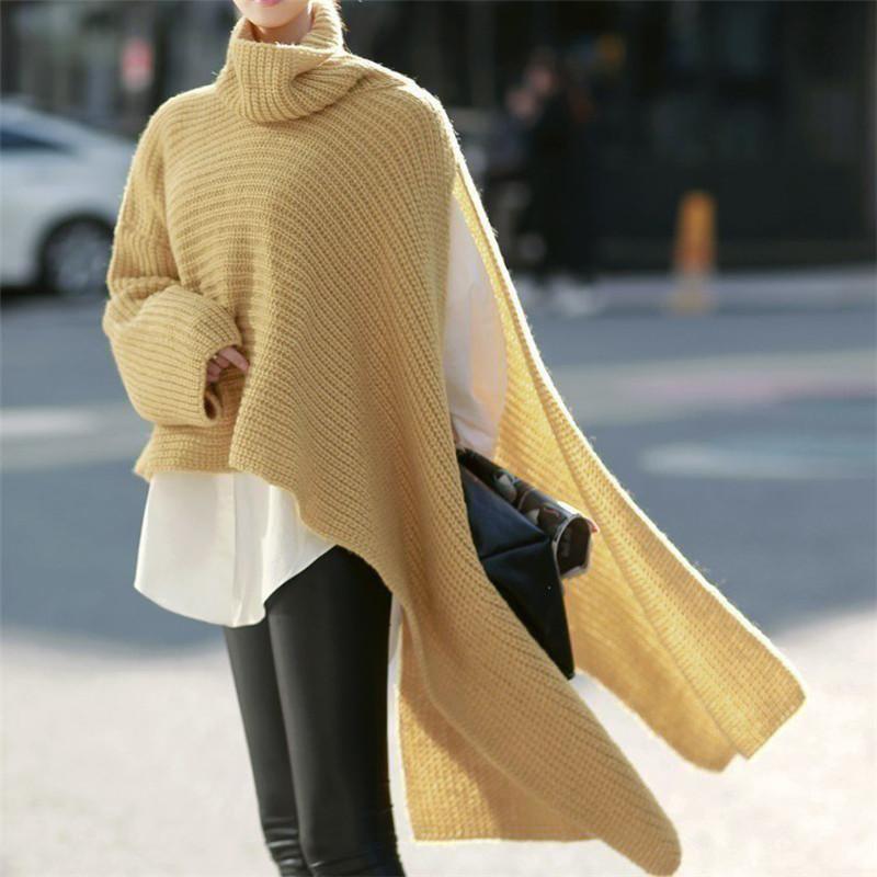 Women High Neck Long Sleeves Knitting Pullover Coats-Khaki-S-Free Shipping at meselling99