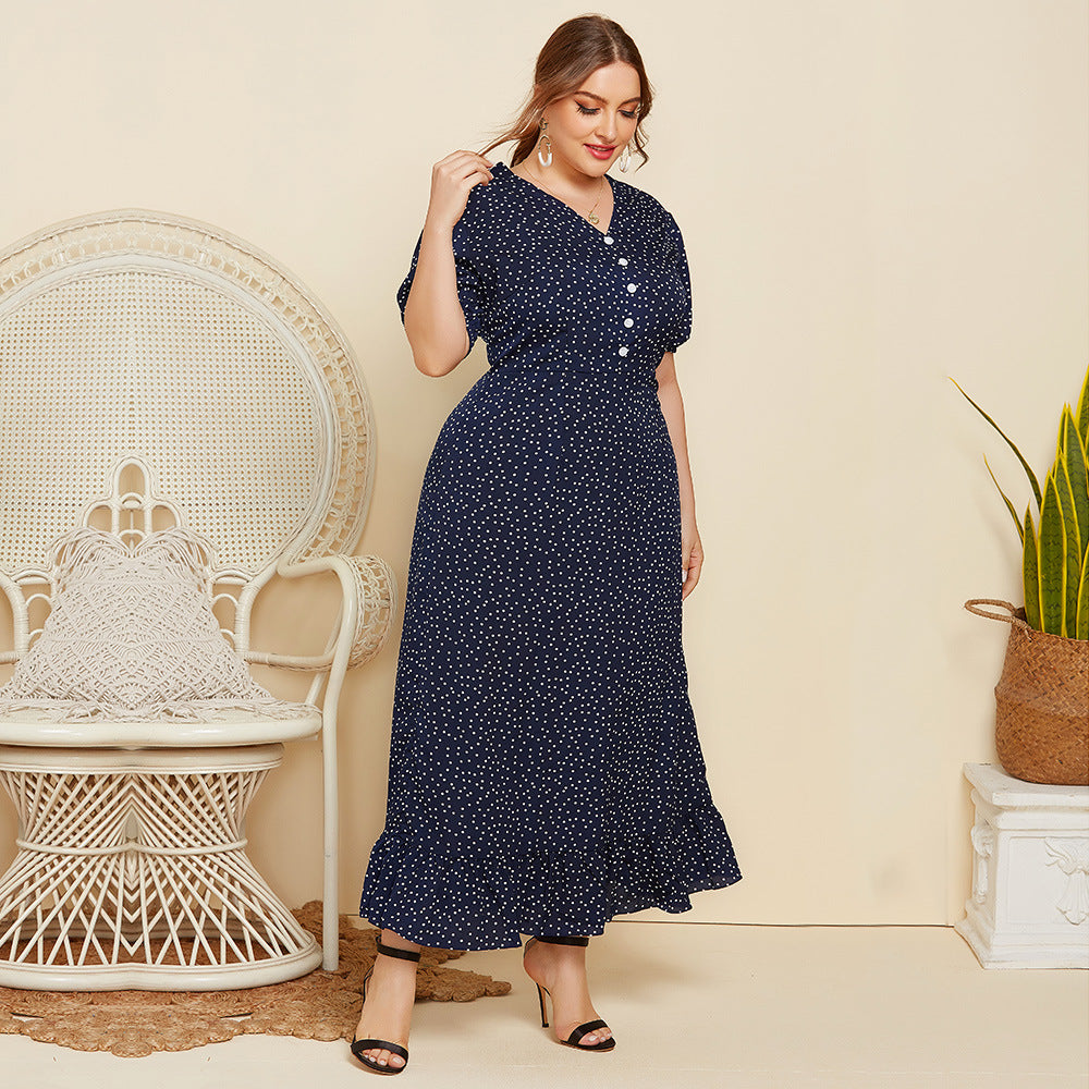 Summer Dot Print  Women Short Sleeves Plus Sizes Long Dresses