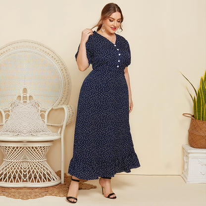 Summer Dot Print  Women Short Sleeves Plus Sizes Long Dresses