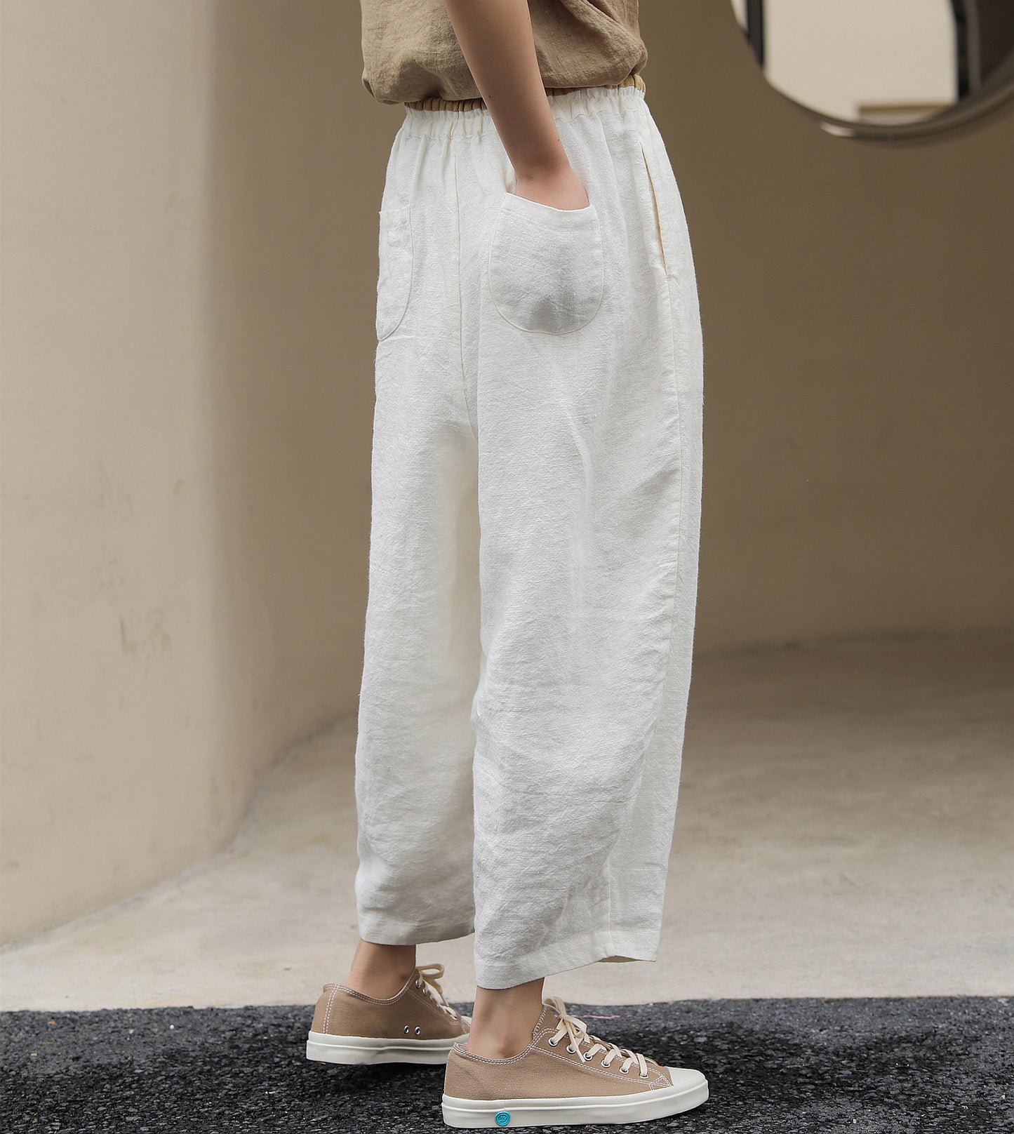 Casual Linen Elastic Waist Cropped Trousers for Women