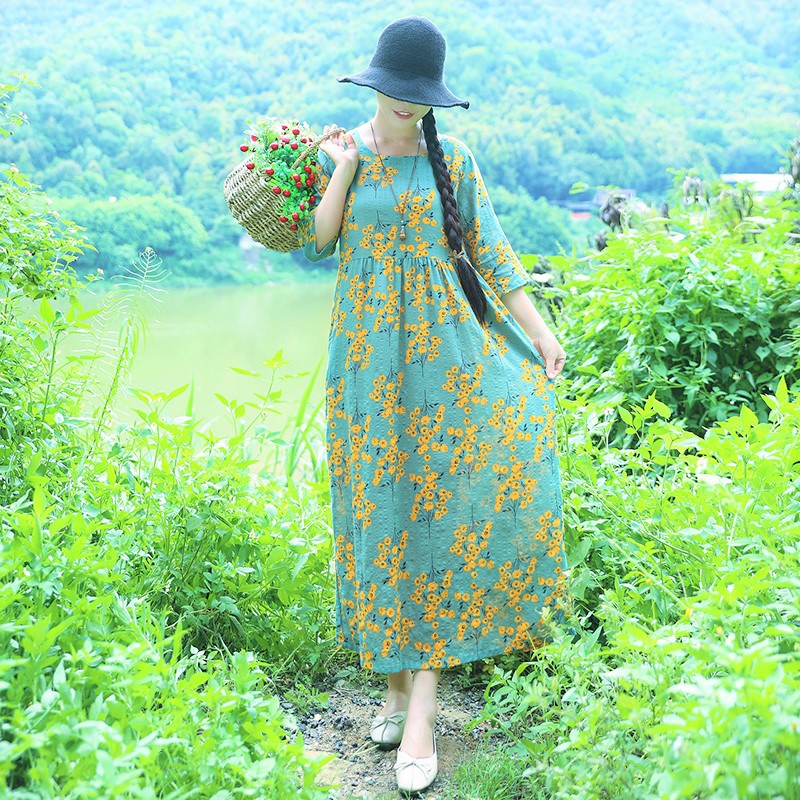 Ethinc Line Summer Half Sleeves Women Long Dresses