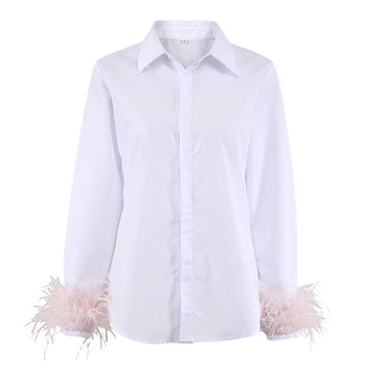Fashion Women Long Sleeves Feather Design White Shirts