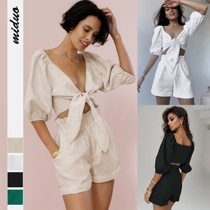 Casual Short Midriff Baring Tops and Shorts Sets for Women