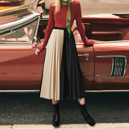Women Contrast Color Women Pleated Skirts
