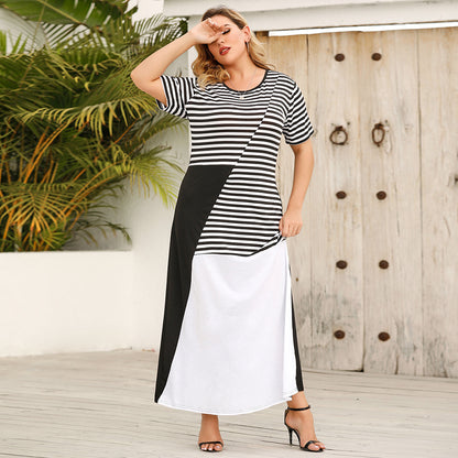 Women Round Neck Striped Short Sleeves Plus Sizes Dresses