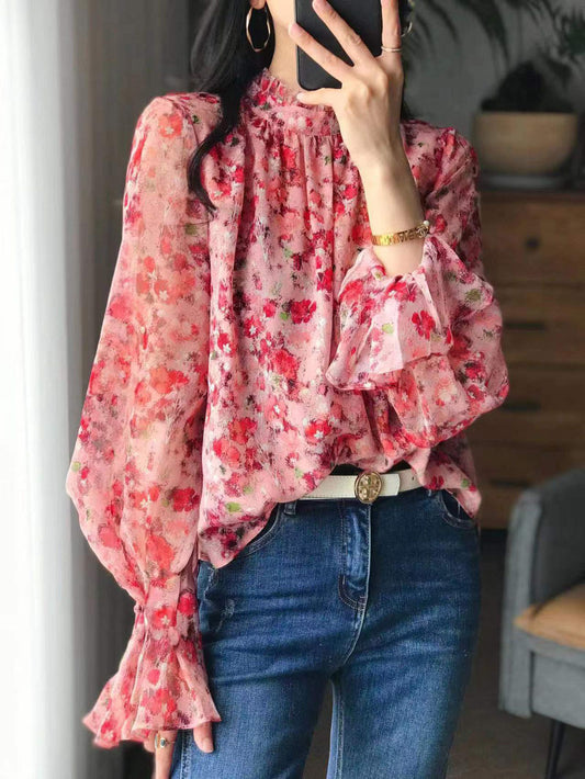 Sweety Stand Collar Floral Print Women Shirts Blouses