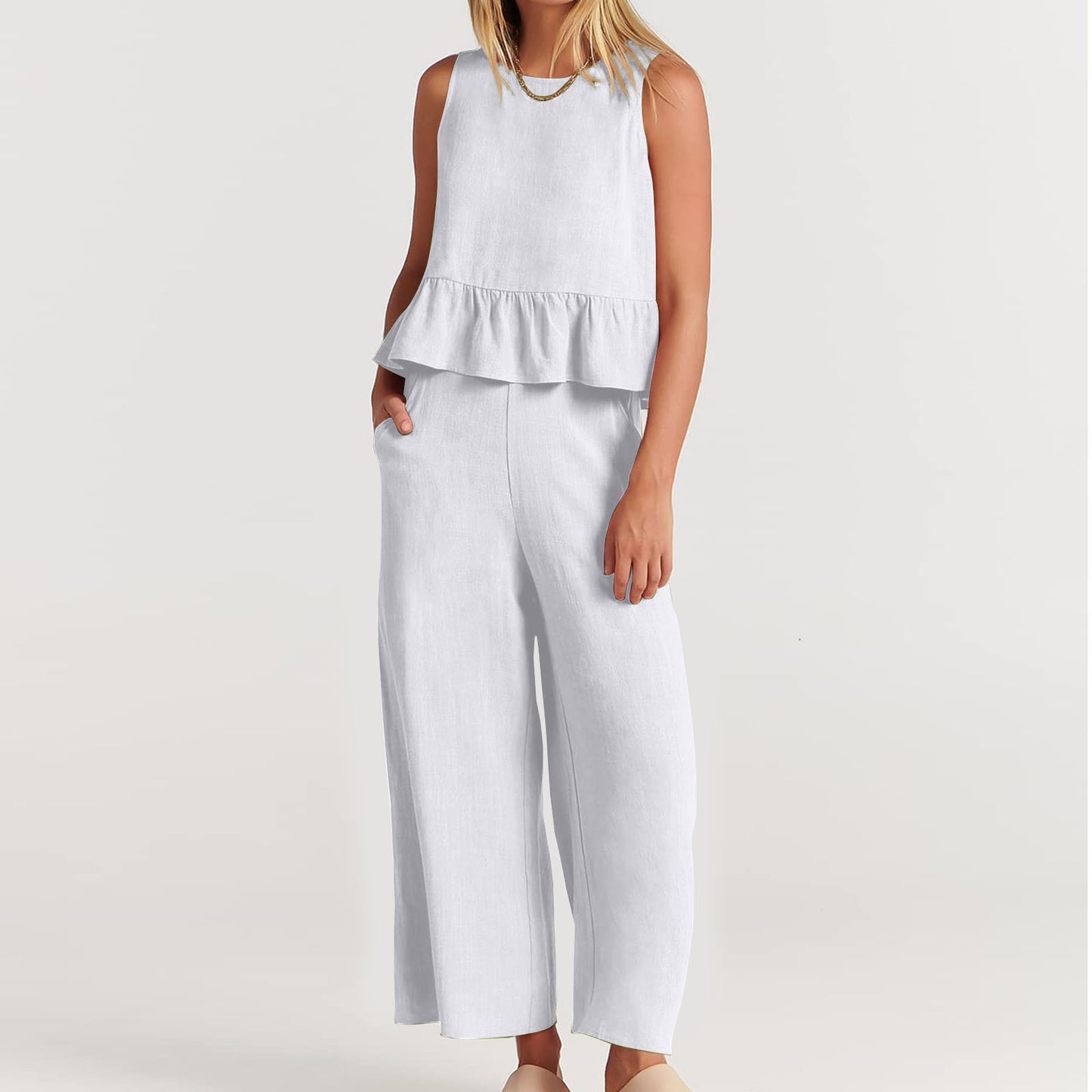 Summer Sleeveless Linen Two Pieces Women Suits